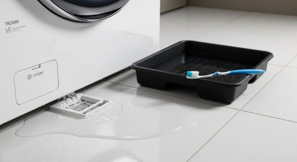 LG 트롬 세탁기 배수 필터에서 물이 새어 나와 바닥이 젖어 있는 모습