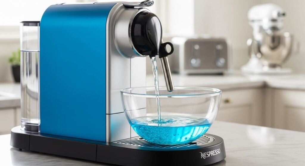네스프레소 머신과 깨끗한 푸른색 디스케일링 용액이 순환되는 모습