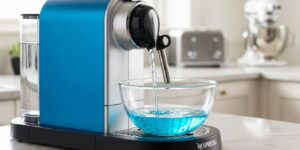네스프레소 머신과 깨끗한 푸른색 디스케일링 용액이 순환되는 모습