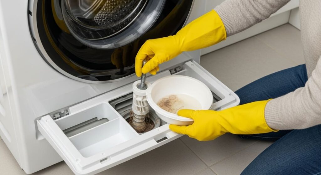 삼성 세탁기 하단 배수 필터를 청소하는 모습