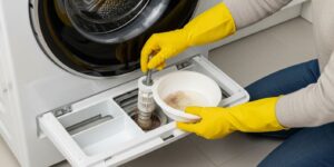 삼성 세탁기 하단 배수 필터를 청소하는 모습