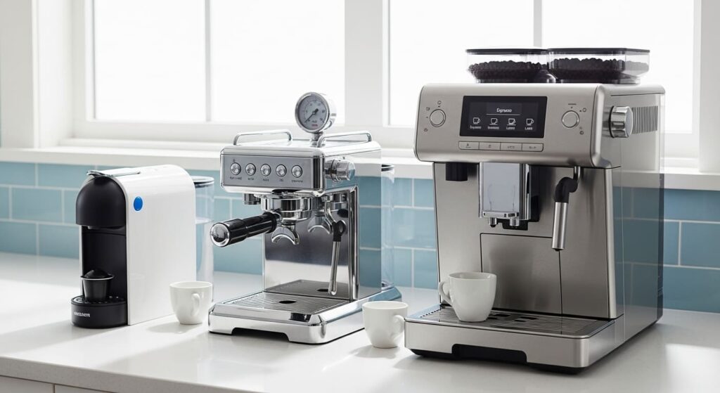 캡슐, 반자동, 전자동 커피머신 세 종류가 나란히 놓여 있는 깨끗한 주방 카운터 사진