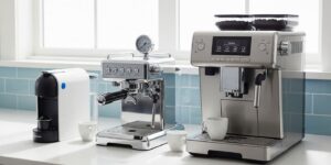 캡슐, 반자동, 전자동 커피머신 세 종류가 나란히 놓여 있는 깨끗한 주방 카운터 사진