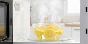 레몬 슬라이스와 물이 담긴 투명 유리 그릇이 스팀을 내며 가열되는 전자레인지 내부의 모습