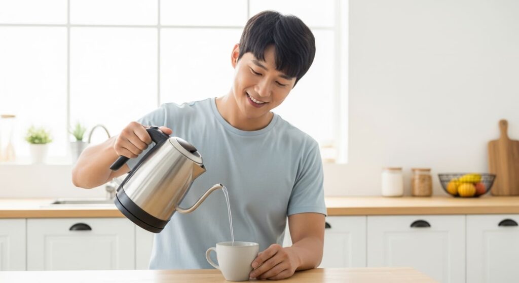 깨끗한 전기포트에서 머그잔에 물을 따르는 사람