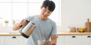 깨끗한 전기포트에서 머그잔에 물을 따르는 사람