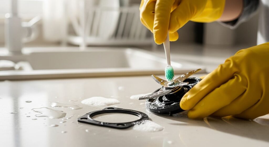 고무장갑을 낀 사람이 분리된 믹서기 칼날 틈새를 칫솔로 닦는 모습