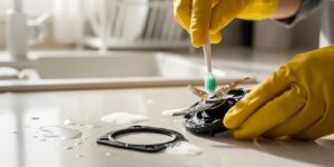 고무장갑을 낀 사람이 분리된 믹서기 칼날 틈새를 칫솔로 닦는 모습