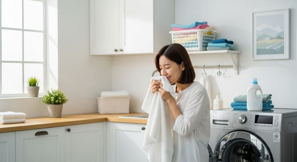 깨끗하게 세탁된 수건의 상쾌한 냄새를 맡는 사람
