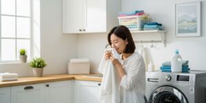 깨끗하게 세탁된 수건의 상쾌한 냄새를 맡는 사람