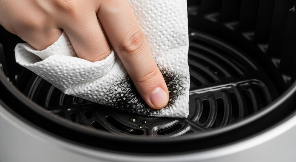 식용유 묻힌 키친타월로 새 에어프라이어 바스켓을 닦아 검은 연마제가 묻어나는 모습