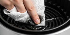 식용유 묻힌 키친타월로 새 에어프라이어 바스켓을 닦아 검은 연마제가 묻어나는 모습