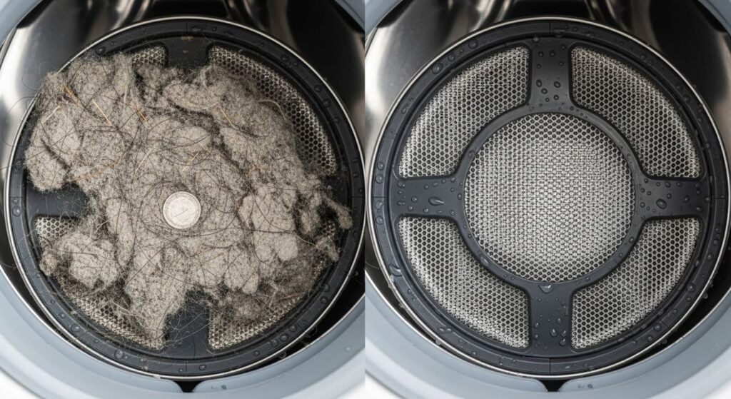 먼지가 가득 낀 세탁기 거름망과 깨끗하게 청소된 거름망 비교