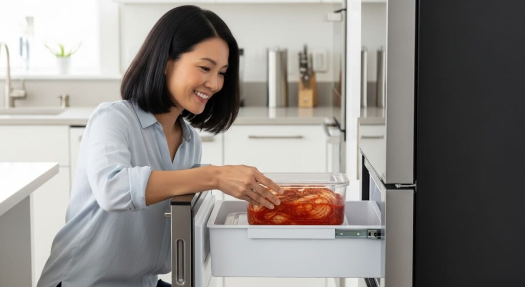 스탠드형 김치냉장고의 편리한 사용성을 보여주는 여성