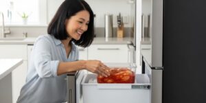 스탠드형 김치냉장고의 편리한 사용성을 보여주는 여성