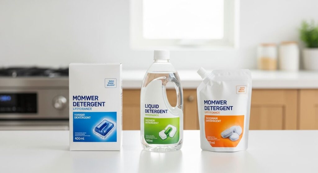 세 가지 식기세척기 세제(가루, 액체, 타블렛)가 나란히 놓여있는 모습