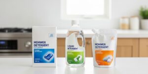 세 가지 식기세척기 세제(가루, 액체, 타블렛)가 나란히 놓여있는 모습