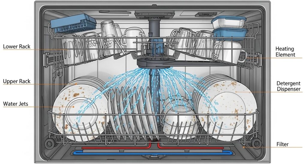 물줄기(Jet Spray)가 모든 식기에 닿는 식기세척기 내부의 최적화된 그릇 배치 다이어그램
