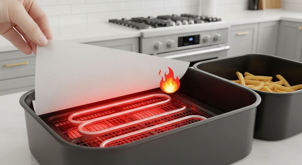 에어프라이어 열선에 닿아 위험한 붉은색으로 표시된 종이호일의 모습