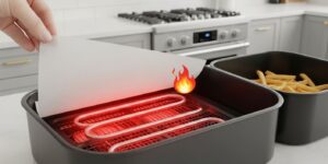 에어프라이어 열선에 닿아 위험한 붉은색으로 표시된 종이호일의 모습