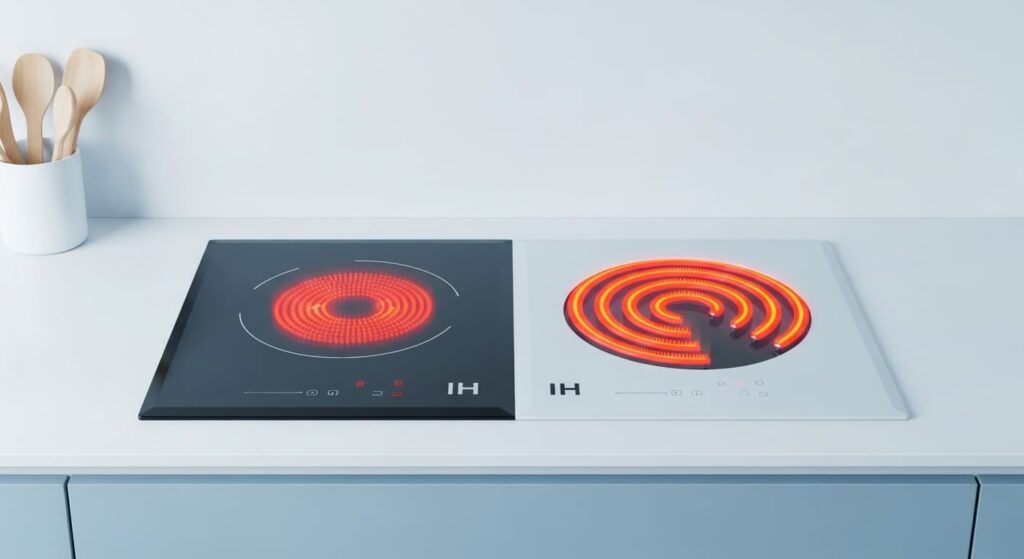 인덕션, 하이라이트, 가스레인지의 가열 방식 차이를 보여주는 비교 이미지