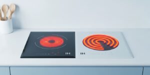 인덕션, 하이라이트, 가스레인지의 가열 방식 차이를 보여주는 비교 이미지