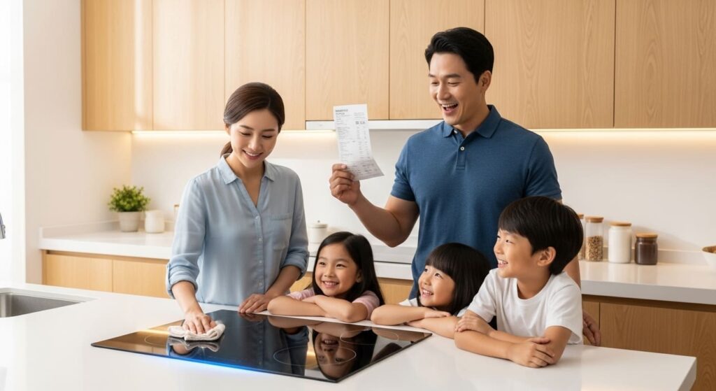 인덕션 사용 후 전기세가 절약되어 기뻐하는 가족의 모습