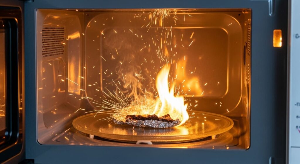 전자레인지 안에서 알루미늄 호일이 스파크를 일으키며 화재 위험을 경고하는 이미지