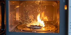전자레인지 안에서 알루미늄 호일이 스파크를 일으키며 화재 위험을 경고하는 이미지