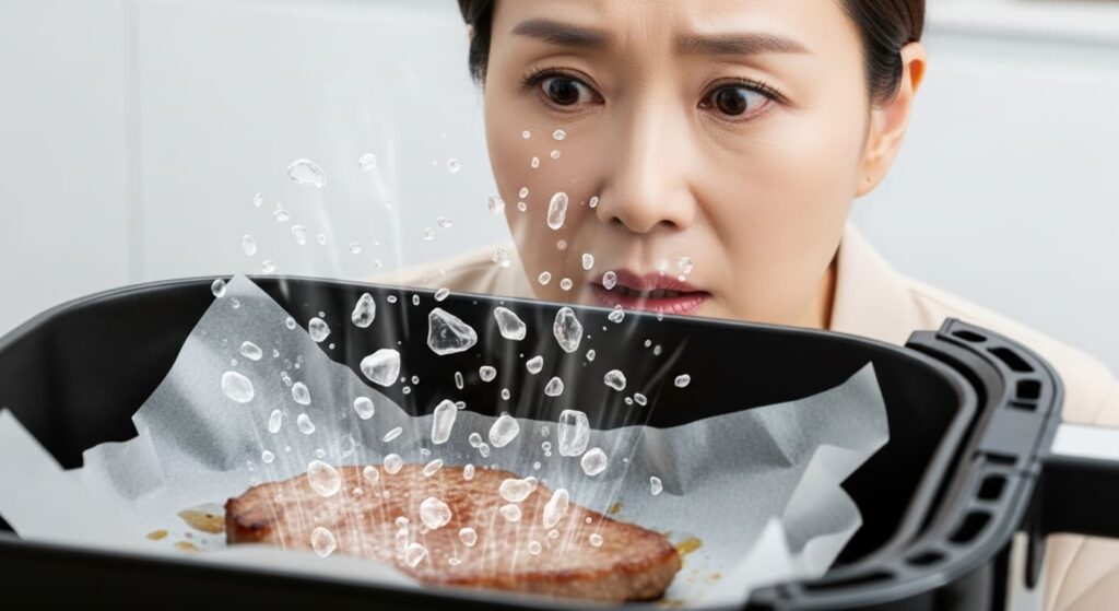 종이호일 위에 조리된 음식에서 미세플라스틱이 나오는 것을 걱정하는 여성