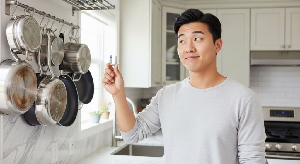 주방에서 자석을 들고 인덕션 용기를 구분하려는 젊은 남자의 모습 