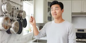 주방에서 자석을 들고 인덕션 용기를 구분하려는 젊은 남자의 모습