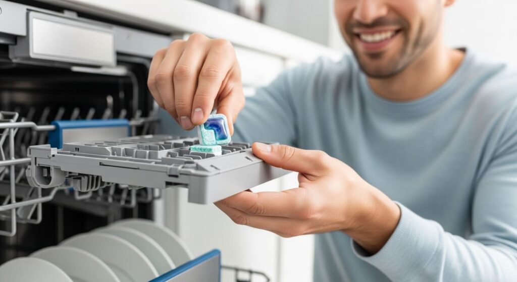 식기세척기에 타블렛 세제를 정량으로 넣고 만족스럽게 웃는 사람의 모습