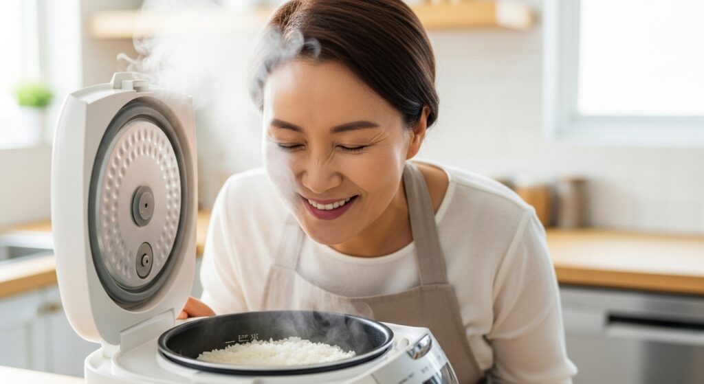 깨끗하고 밝은 주방에서 갓 지은 밥의 김을 맡으며 만족스러운 미소를 짓는 중년 여성의 모습