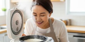 깨끗하고 밝은 주방에서 갓 지은 밥의 김을 맡으며 만족스러운 미소를 짓는 중년 여성의 모습