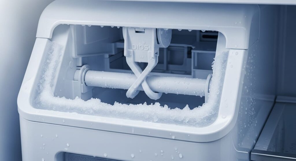 LG 디오스 냉장고 제빙 트레이 주변에 성에가 낀 모습. 제빙 멈춤의 주요 원인인 결빙 부위를 명확히 보여줌.