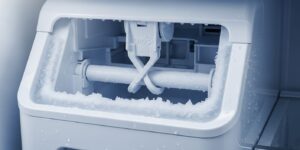 LG 디오스 냉장고 제빙 트레이 주변에 성에가 낀 모습. 제빙 멈춤의 주요 원인인 결빙 부위를 명확히 보여줌.