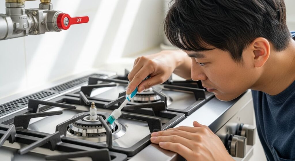 마른 칫솔로 가스레인지 점화 플러그를 청소하는 사람의 손