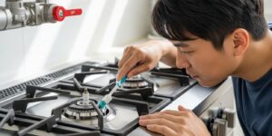 마른 칫솔로 가스레인지 점화 플러그를 청소하는 사람의 손