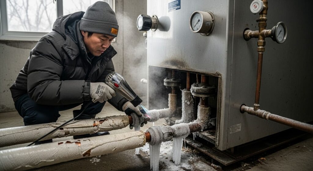 얼어붙은 보일러 배관을 헤어 드라이기로 녹이는 사람