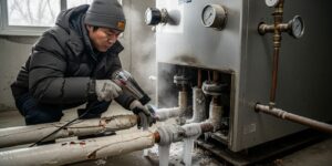 얼어붙은 보일러 배관을 헤어 드라이기로 녹이는 사람