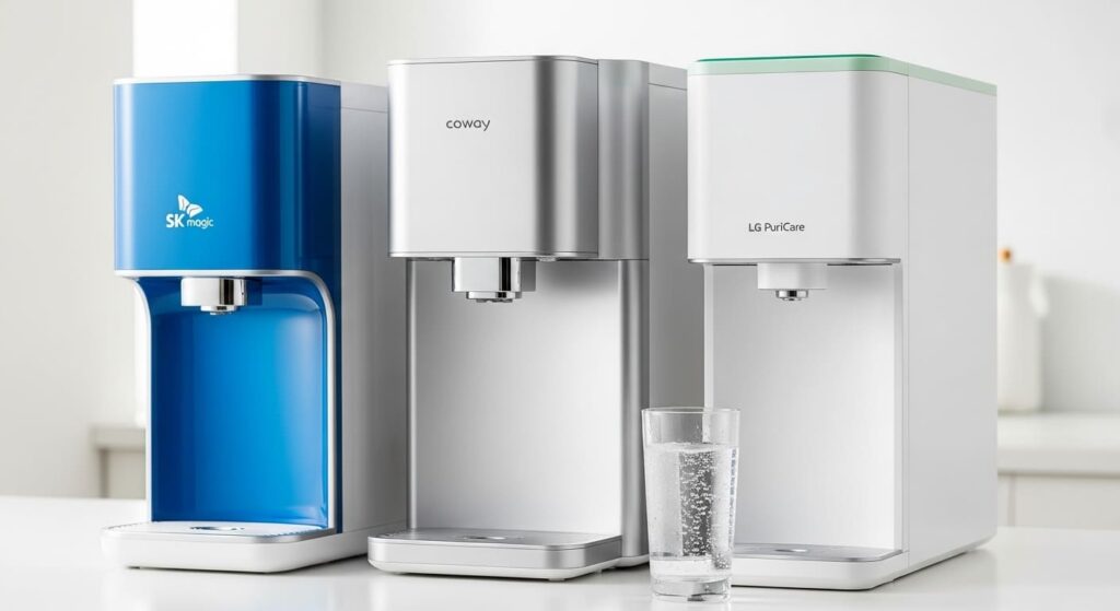 SK매직, 코웨이, LG 퓨리케어 정수기가 나란히 놓여있는 주방 조리대 이미지.