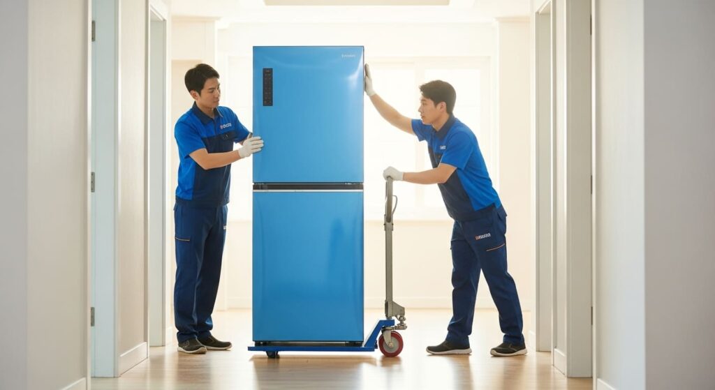 전문가들이 수직으로 조심스럽게 냉장고를 운반하는 모습.