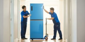 전문가들이 수직으로 조심스럽게 냉장고를 운반하는 모습.