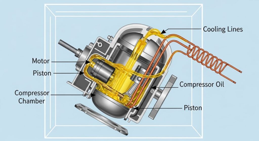 기울어진 냉장고 컴프레서 내부에서 윤활유(오일)가 냉각 파이프로 유출되는 모습의 단면도