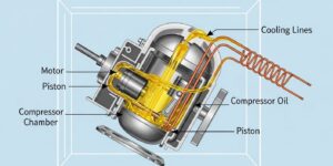 기울어진 냉장고 컴프레서 내부에서 윤활유(오일)가 냉각 파이프로 유출되는 모습의 단면도