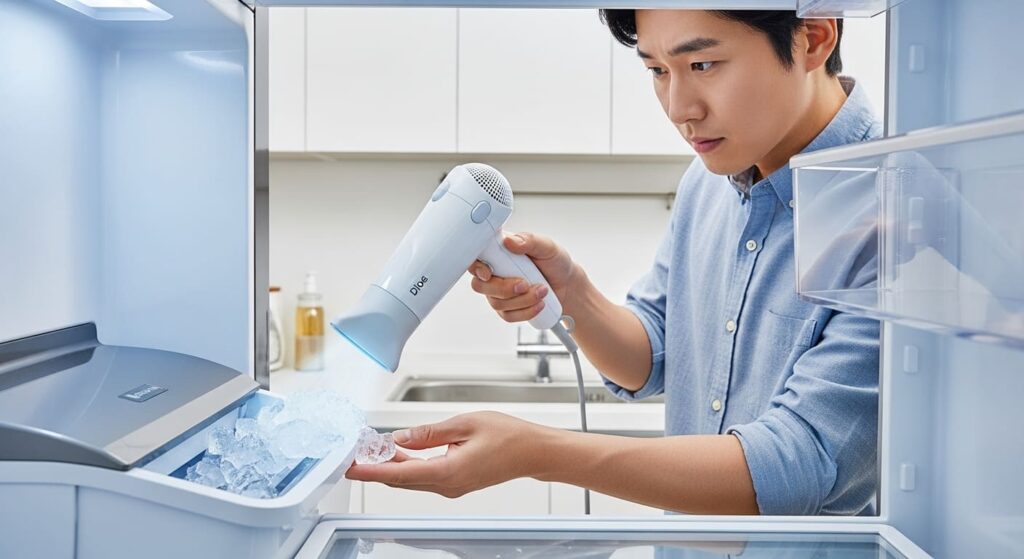 헤어드라이어의 찬바람으로 LG 냉장고 제빙부의 얼음을 녹이는 사용자. 성에 제거 실전 가이드를 시각적으로 보여줌. 