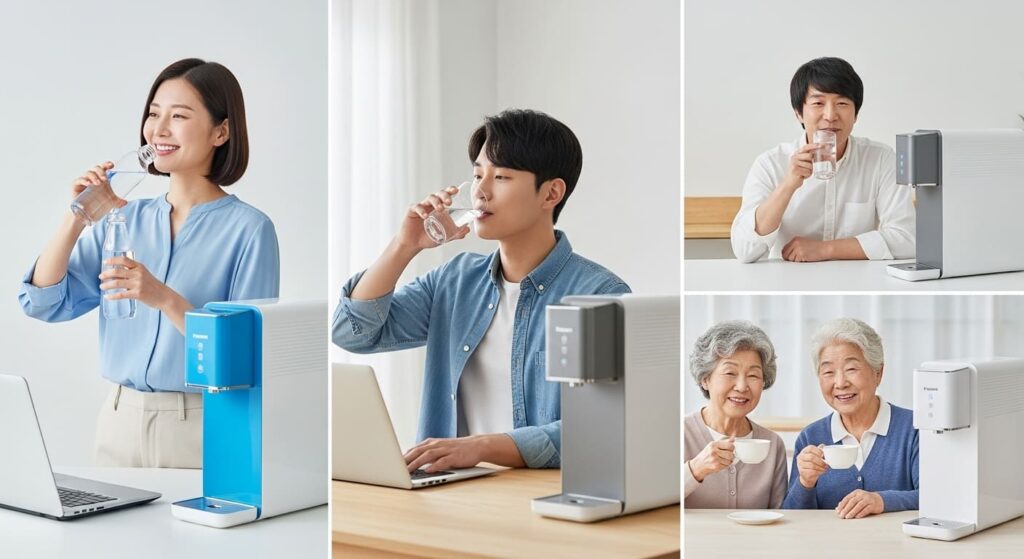 다양한 사람들이 각자의 라이프스타일에 맞춰 정수기를 편리하게 사용하는 모습.