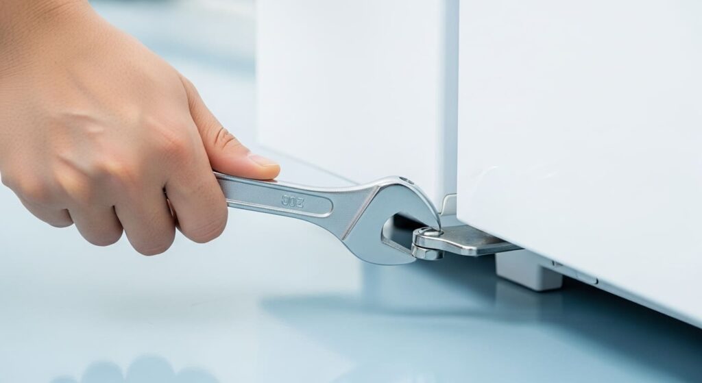 몽키 스패너를 사용하여 양문형 냉장고 하단 힌지 너트를 조절하는 모습