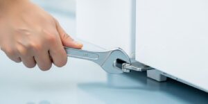 몽키 스패너를 사용하여 양문형 냉장고 하단 힌지 너트를 조절하는 모습